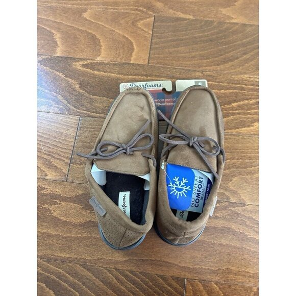 Dearfoams Men's Suede Chestnut Size S 7-8 NEW Moccasin Slipper Tie - Picture 1 of 5